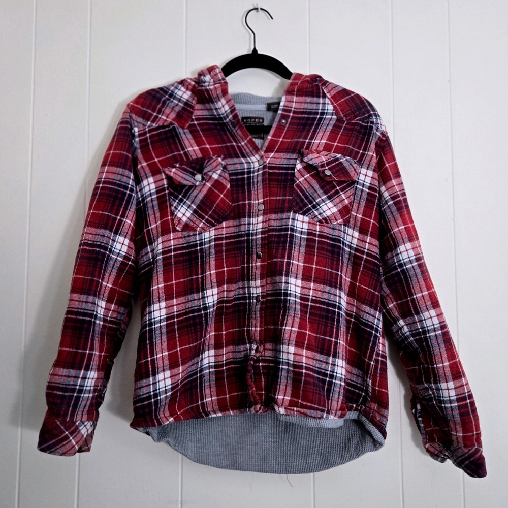 Roper Wear The West Flannel Hooded Shirt Jacket Plaid Button Front Mens Size S